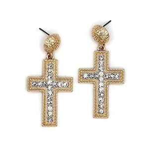 Gold Cross Drop Earrings with Clear Crystals